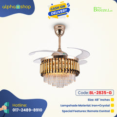 Breezelux 48" Crystal Retractable Luxury Decorative Silent Underlight Invisible Blade Chandelier with Remote Ceiling Fan (Golden) BL-2835-G