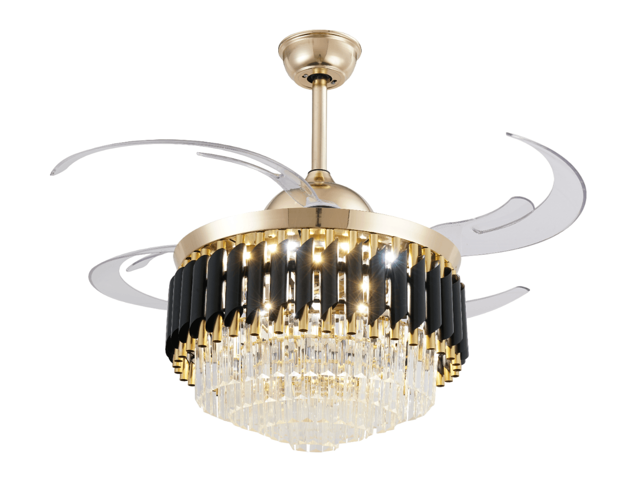 Breezelux Alpha 48" Crystal Retractable Luxury Decorative Silent Underlight Invisible Blade Chandelier with Remote Ceiling Fan (Black/Golden) BL-2835-BG