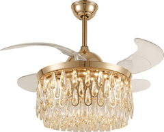 Breezelux 48" Crystal Retractable Luxury Decorative Silent Underlight Invisible Blade Chandelier with Remote Ceiling Fan (Golden) BL-2863