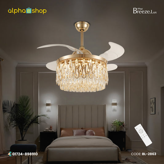 Breezelux Alpha 48" Crystal Retractable Luxury Decorative Silent Underlight Invisible Blade Chandelier with Remote Ceiling Fan (Golden) BL-2863
