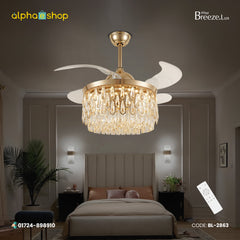 Breezelux 48" Crystal Retractable Luxury Decorative Silent Underlight Invisible Blade Chandelier with Remote Ceiling Fan (Golden) BL-2863