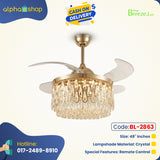 Breezelux Alpha 48" Crystal Retractable Luxury Decorative Silent Underlight Invisible Blade Chandelier with Remote Ceiling Fan (Golden) BL-2863