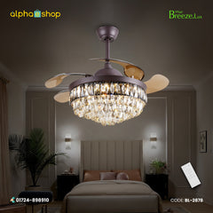 Breezelux 48" Crystal  Retractable Luxury Decorative Silent Underlight Invisible Blade Chandelier with Remote Ceiling Fan (Brown) BL-2878