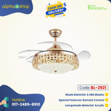 Breezelux Alpha 48" Modern Crystal Retractable Luxury Decorative Silent Underlight Invisible Blade Chandelier with Remote Ceiling Fan (S Golden) BL-2921