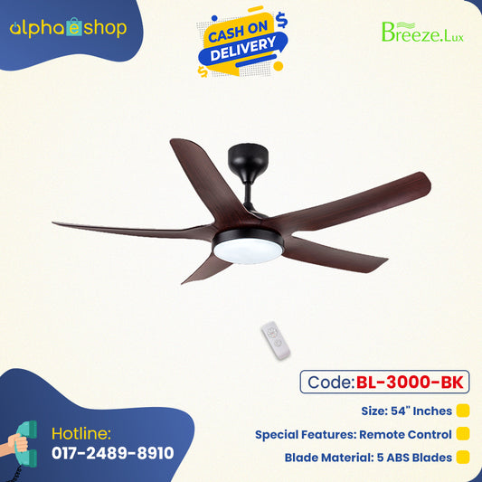Breezelux Alpha 54" Modern Decorative Silent ABS Blade Underlight with Remote Ceiling Fan (Dark Wood) BL-3000-BK
