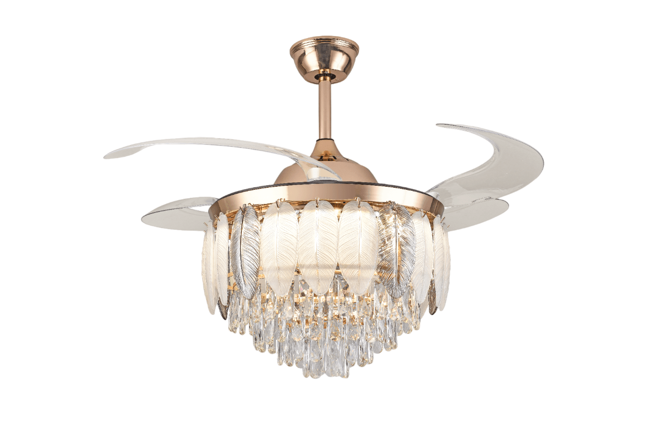 Breezelux Alpha 48" Crystal Retractable Luxury Decorative Silent Underlight Invisible Blade Chandelier with Remote Ceiling Fan (Rose Gold) BL-3023