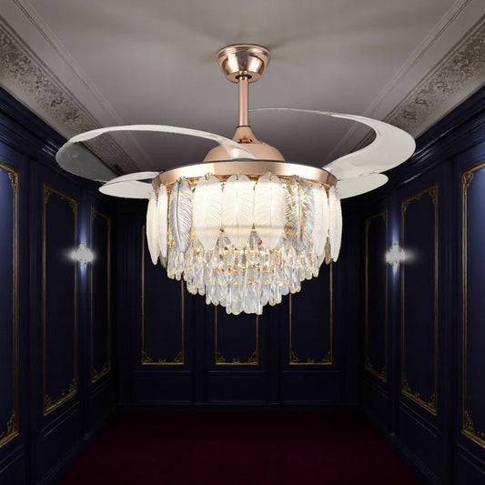 Breezelux Alpha 48" Crystal Retractable Luxury Decorative Silent Underlight Invisible Blade Chandelier with Remote Ceiling Fan (Rose Gold) BL-3023