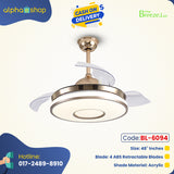 Breezelux Alpha 36" Modern Crystal Retractable Luxury Decorative Silent Underlight Invisible Blade Chandelier with Remote Ceiling Fan (Golden) BL-6094