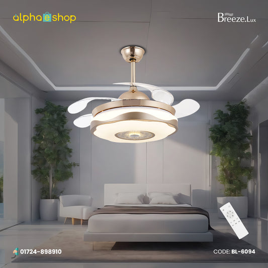 Breezelux 36" Modern Crystal Retractable Luxury Decorative Silent Underlight Invisible Blade Chandelier with Remote Ceiling Fan (Golden) BL-6094