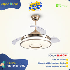 Breezelux Alpha 36" Modern Crystal Retractable Luxury Decorative Silent Underlight Invisible Blade Chandelier with Remote Ceiling Fan (Golden) BL-6094