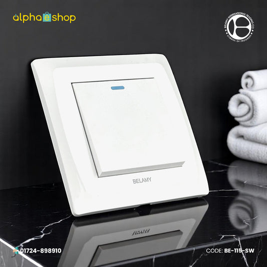 Belamy 1-gang 1-way white light switch featuring a blue indicator light, featured in BE-115-SW (1).jpg.