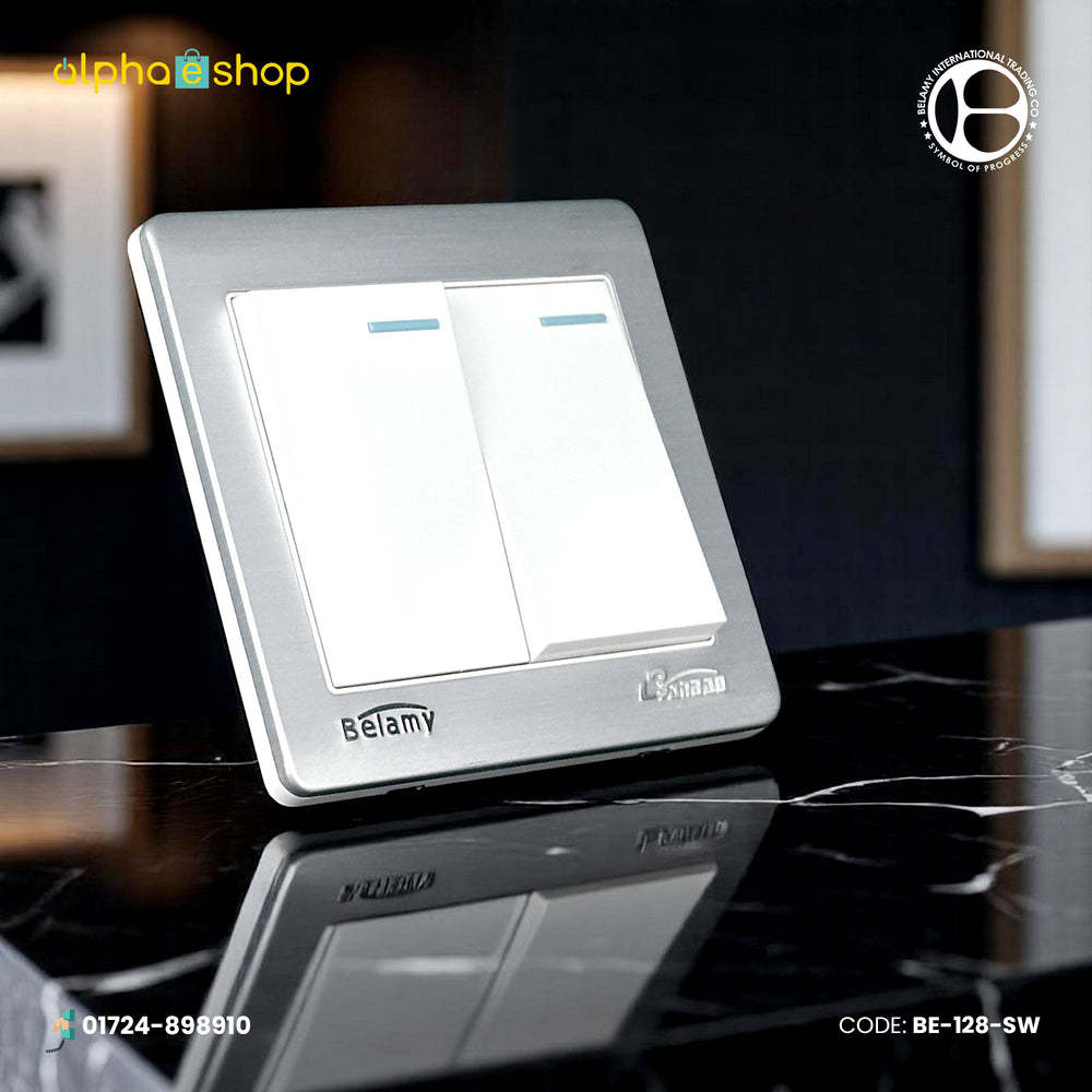 Belamy 2-gang 1-way light switch in silver and white finish, featured in BE-128-SW_d860eef0-c22b-47dc-b4c1-1535ff2b0171.jpg.
