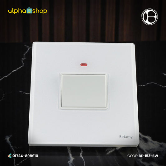 Belamy 20A white double pole (DP) electrical switch with red indicator light, shown in BE-153-SW.jpg.