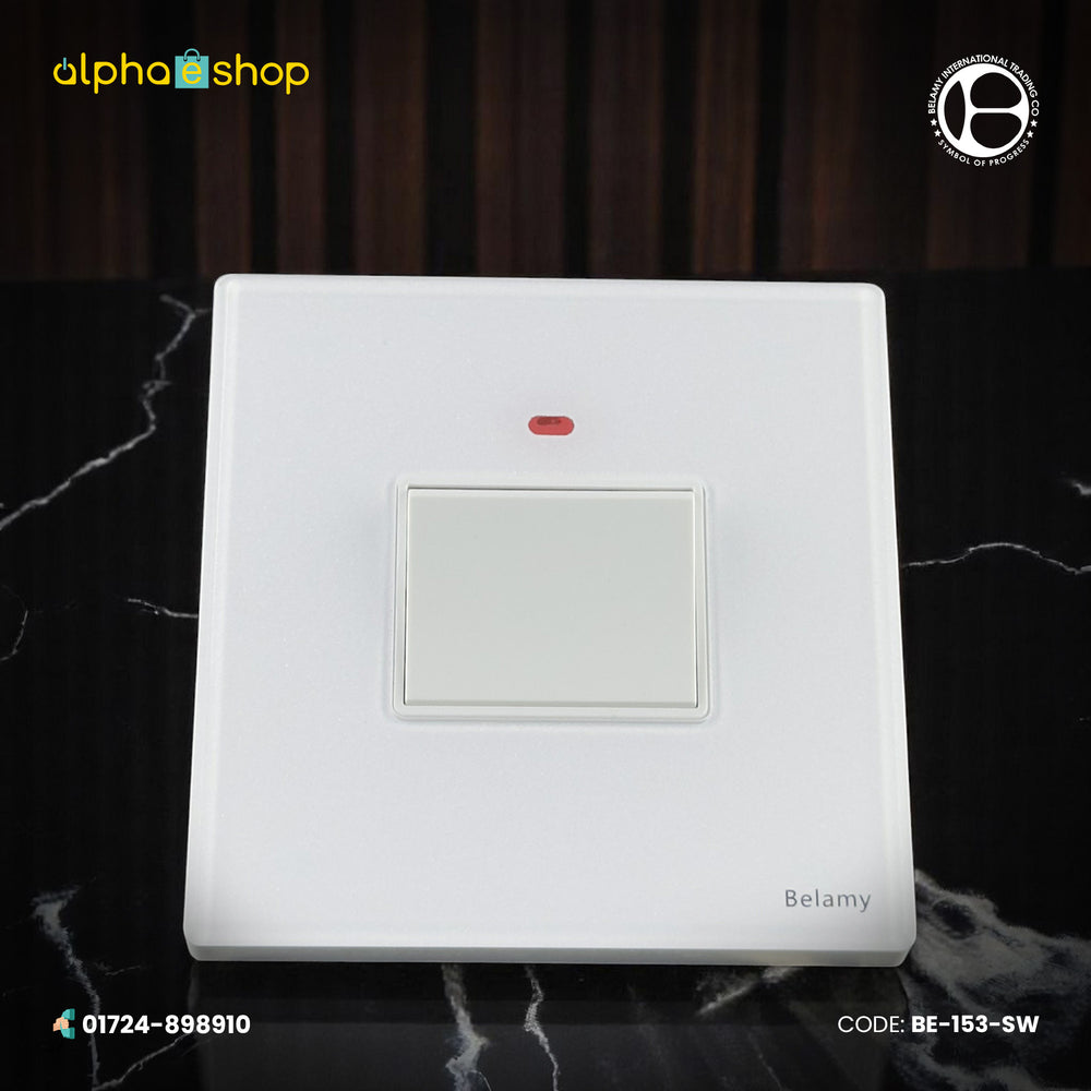 Belamy 20A white double pole (DP) electrical switch with red indicator light, shown in BE-153-SW.jpg.