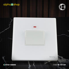 Belamy 20A white double pole (DP) electrical switch with red indicator light, shown in BE-153-SW.jpg.