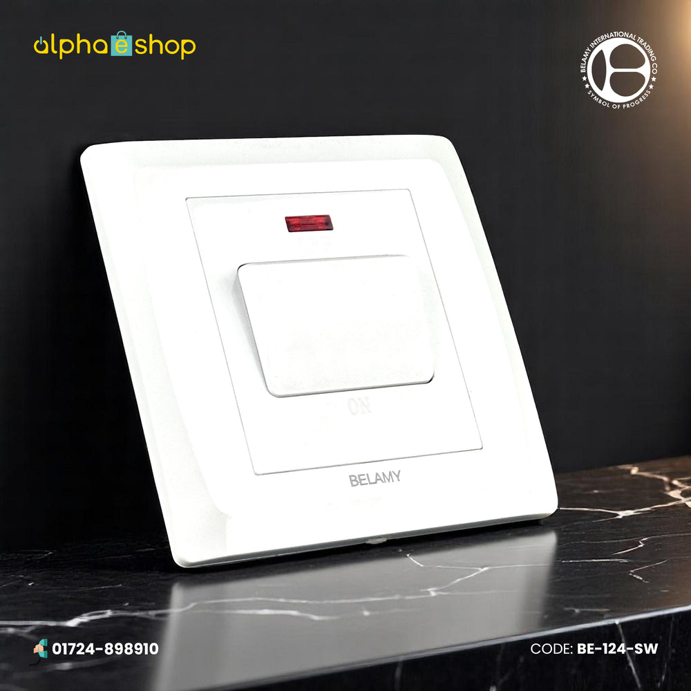 Belamy 20A white double pole (DP) switch with LED indicator, featured in BE-124-SW.jpg.