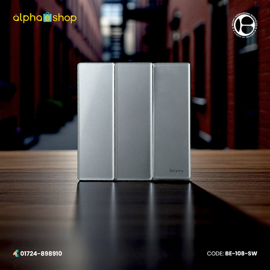 Belamy 3-gang 1-way electrical switch in silver. Sleek, minimalist design by Belamy, available at Alphaeshop.