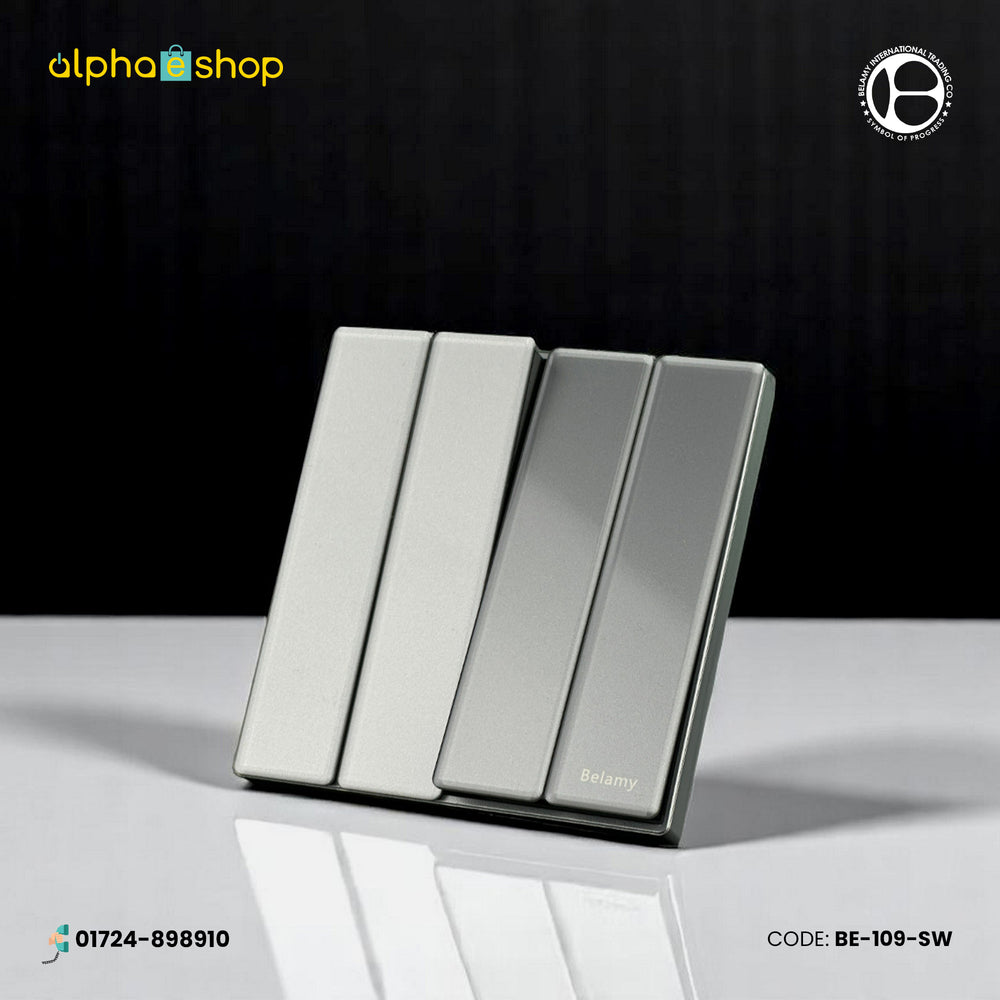 Belamy 4-gang 1-way electrical switch in grey. Sleek, minimalist design by Belamy, available at Alphaeshop.