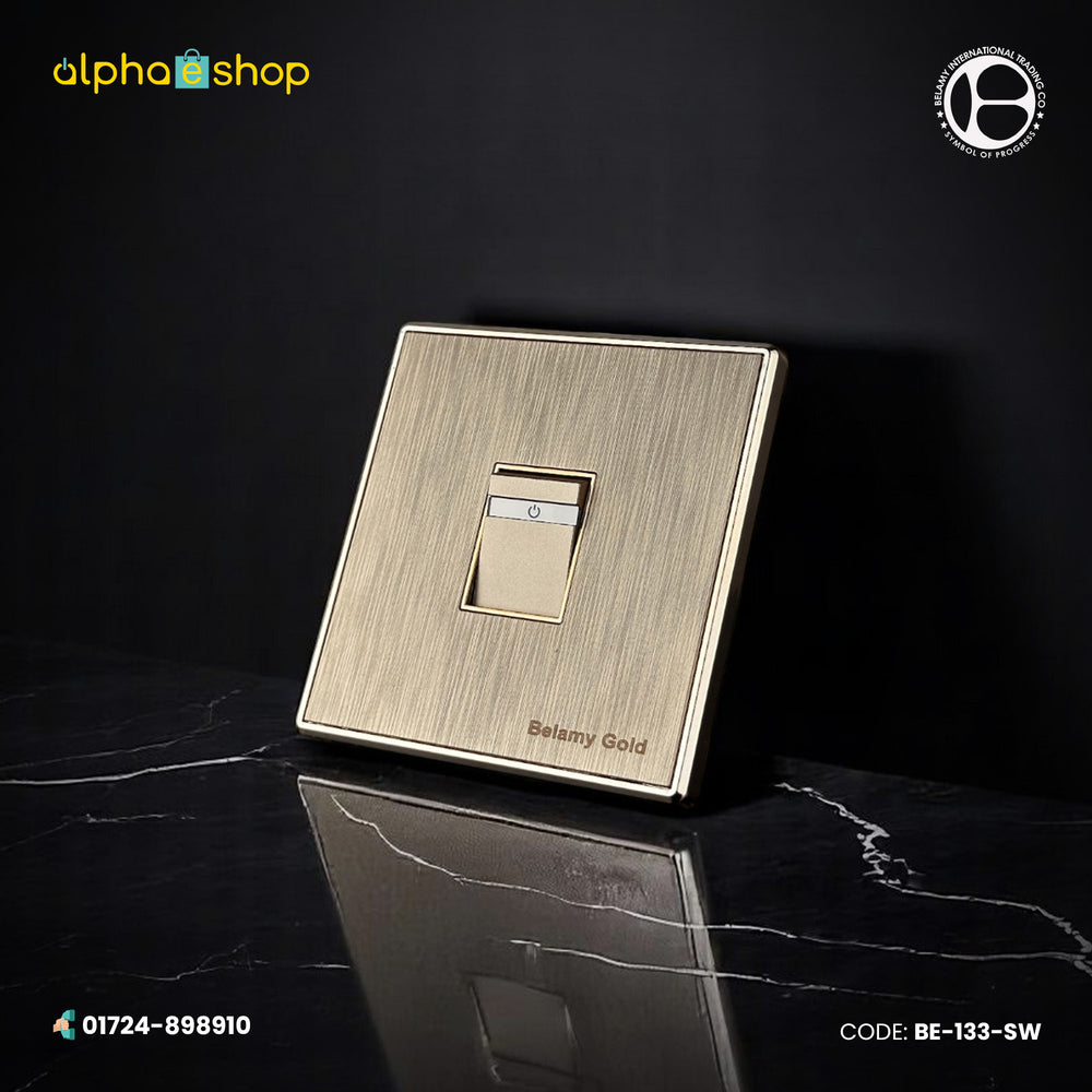 Belamy Gold 1 gang 1 way switch with rocker control, indicator strip and brushed gold finish, model BE-133-SW.