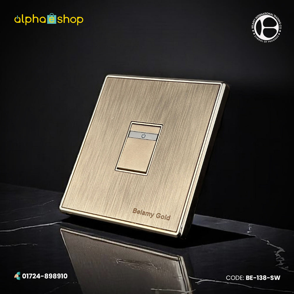 Belamy Gold 1 gang 2 way switch with brushed gold finish and slim rocker design, model BE-138-SW.