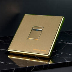 Belamy Gold 1 gang 2 way switch with brushed gold finish, slim rocker design and power indicator, model BE-138-SW.