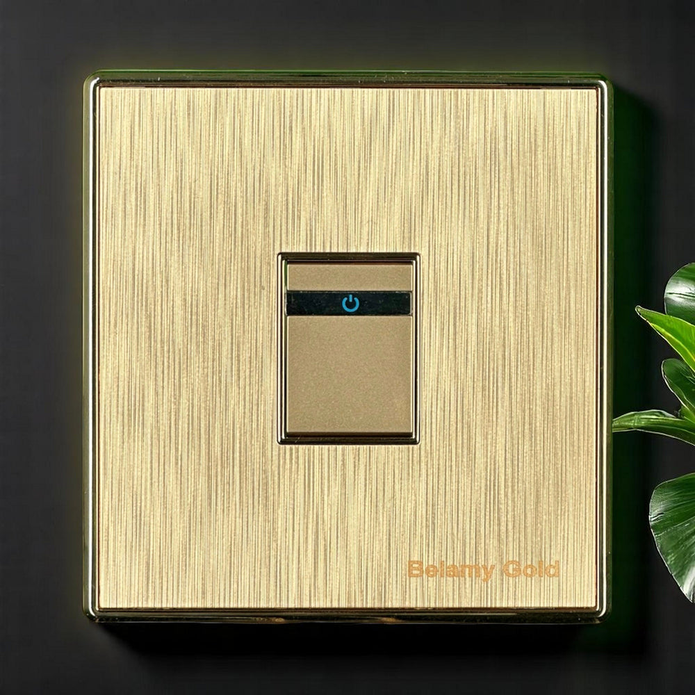 Belamy Gold 1 gang 2 way switch with brushed gold finish, slim rocker design and blue power indicator, model BE-138-SW.