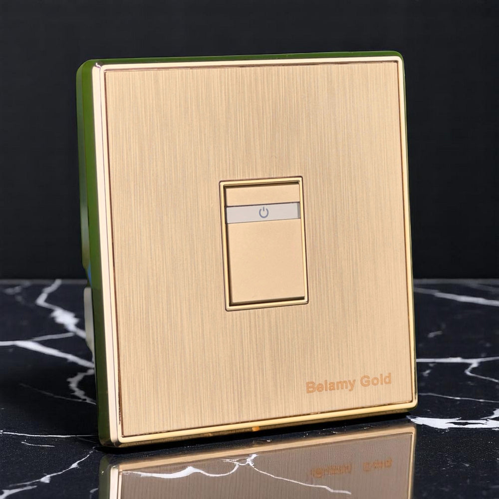 Belamy Gold 1 gang 2 way switch with brushed gold finish, slim rocker design and power indicator, model BE-138-SW.