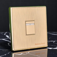 Belamy Gold 1 gang 2 way switch with brushed gold finish, slim rocker design and power indicator, model BE-138-SW.