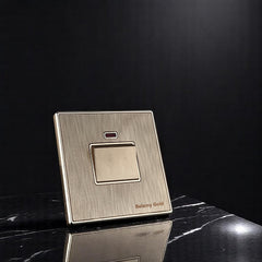 Belamy Gold 20A DP switch with red LED indicator and brushed gold finish, model BE-144-SW.