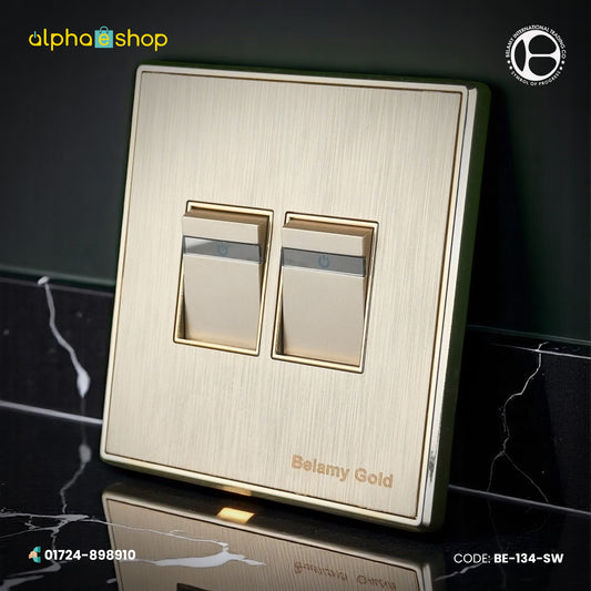 Belamy 2-gang 1-way electrical switch in a brushed gold finish. Elegant and modern design available at Alphaeshop.