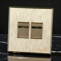 Belamy Gold 2 gang 1 way switch with dual rocker controls, power indicators and brushed gold finish, model BE-134-SW.