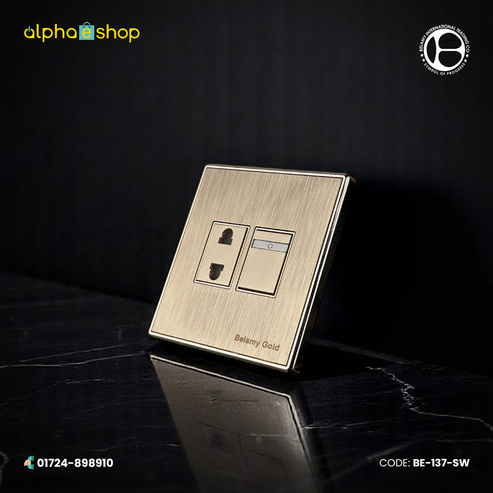 Belamy Gold 2 pin socket with separate rocker switch, power indicator and brushed gold finish, model BE-137-SW.