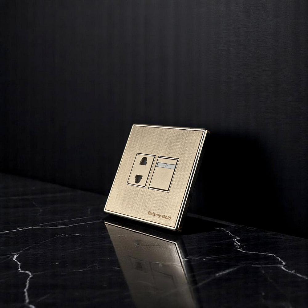 Belamy Gold 2 pin socket with separate rocker switch, power indicator and brushed gold finish, model BE-137-SW.