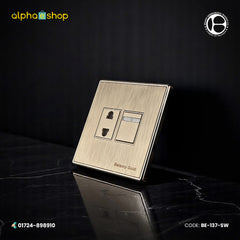 Belamy Gold 2 pin socket with separate rocker switch, power indicator and brushed gold finish, model BE-137-SW.