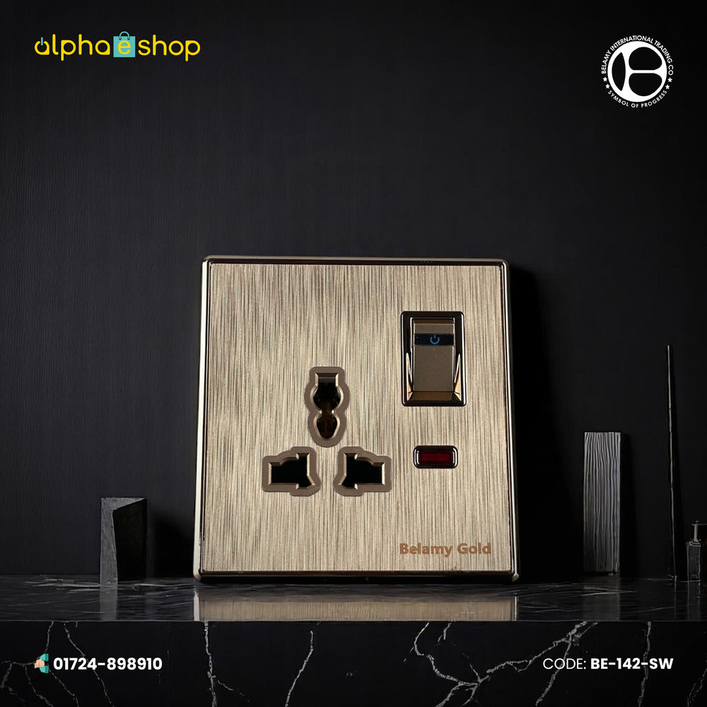 Belamy Gold 3-pin socket with separate rocker switch, LED indicator and brushed gold finish, model BE-142-SW.
