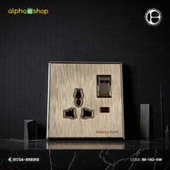 Belamy Gold 3-pin socket with separate rocker switch, LED indicator and brushed gold finish, model BE-142-SW.