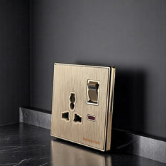 Belamy Gold 3-pin socket with separate rocker switch, LED indicator and brushed gold finish, model BE-142-SW.