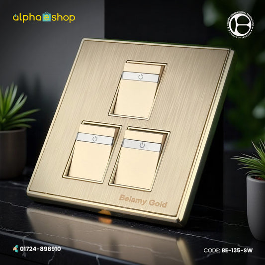 Belamy 3-gang 1-way electrical switch in a premium gold finish. Elegant and modern design available at Alphaeshop.