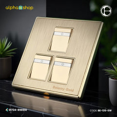 Belamy 3-gang 1-way electrical switch in a premium gold finish. Elegant and modern design available at Alphaeshop.