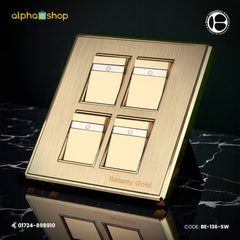 Belamy 4-gang 1-way light switch in a brushed gold finish, featured in BE-136-SW.jpg.