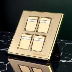 Belamy Gold 4 gang 1 way switch with four rocker controls, power indicator strips and brushed gold finish, model BE-136-SW.