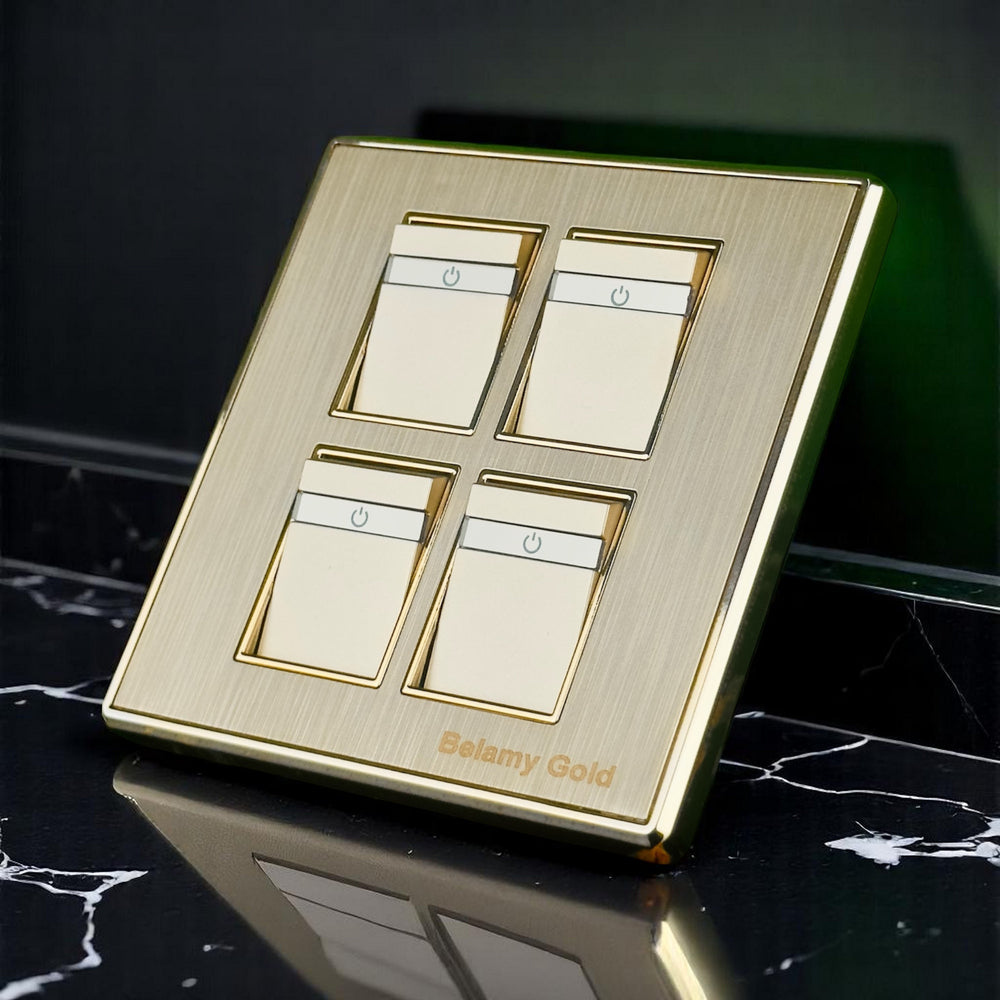Belamy Gold 4 gang 1 way switch with four rocker controls, power indicator strips and brushed gold finish, model BE-136-SW.