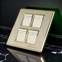 Belamy Gold 4 gang 1 way switch with four rocker controls, power indicator strips and brushed gold finish, model BE-136-SW.