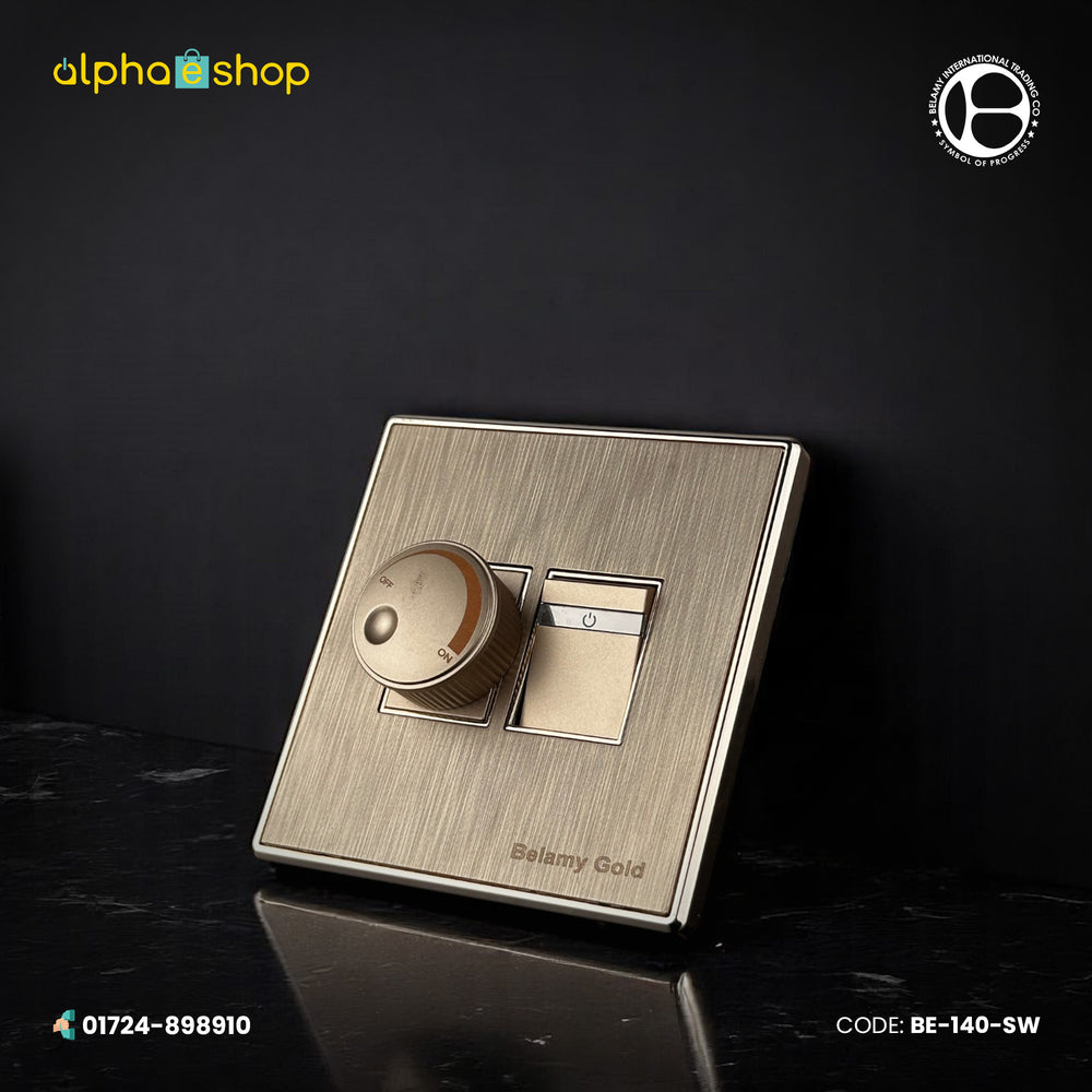Belamy Gold fan dimmer with integrated switch, featured in BE-140-SW.jpg, designed with a brushed gold finish.