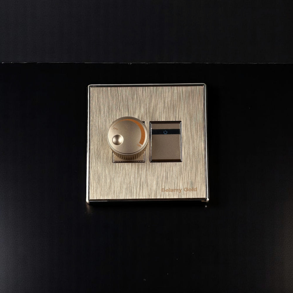 Belamy Gold fan dimmer with rotary control, separate switch and brushed gold finish, model BE-140-SW.