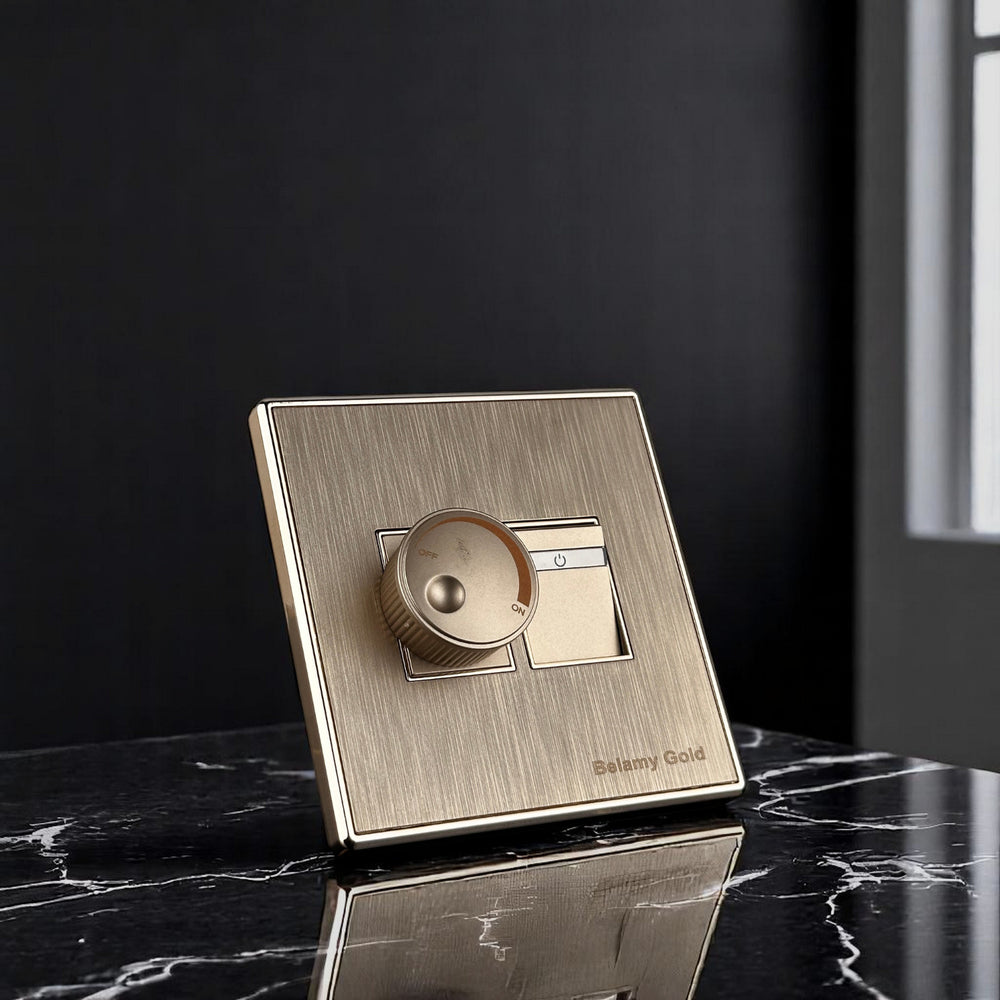 Belamy Gold fan dimmer with rotary speed control, separate power switch and brushed gold finish, model BE-140-SW.