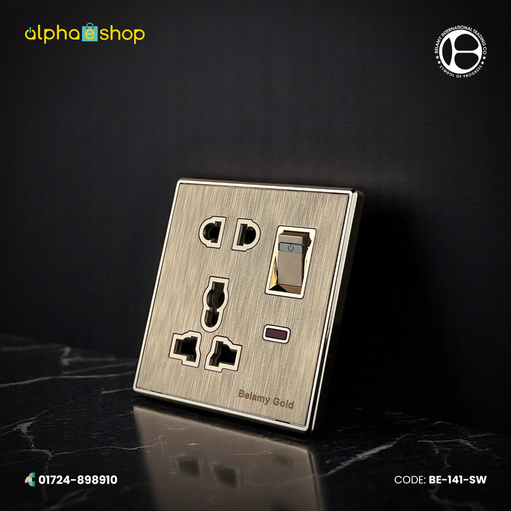 Belamy Gold multi 5-pin socket with rocker switch, LED indicator and brushed gold finish, model BE-141-SW.