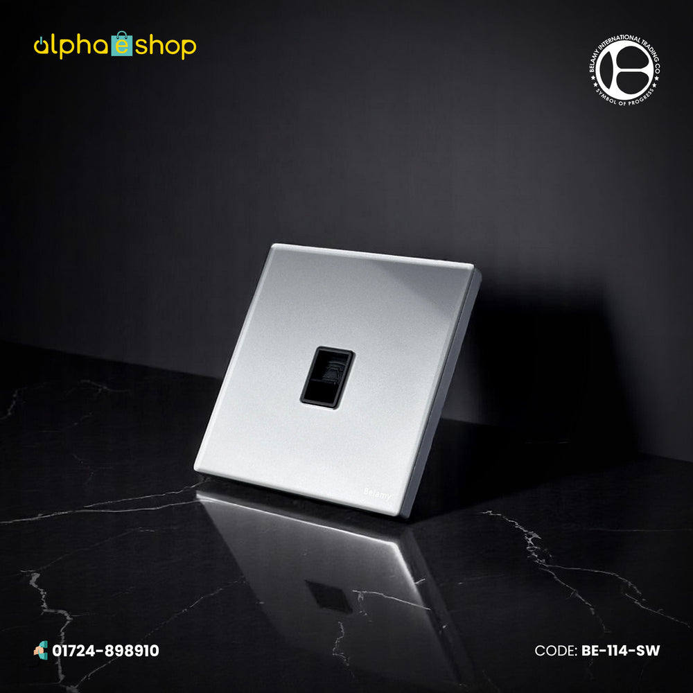 Belamy grey telephone socket with single modular phone port and minimalist wall plate design, model BE-114-SW.