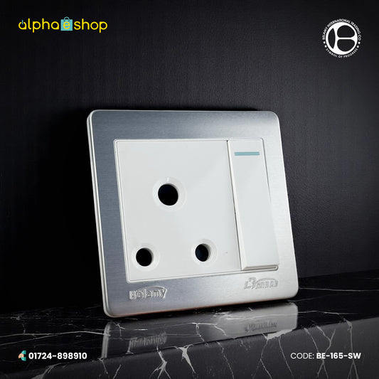 Belamy LK7 LANBAO 3-pin round socket with separate rocker switch and grey-white finish, model BE-165-SW.