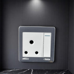 Belamy LK7 LANBAO 3-pin round socket with separate rocker switch and grey-white finish, model BE-165-SW.